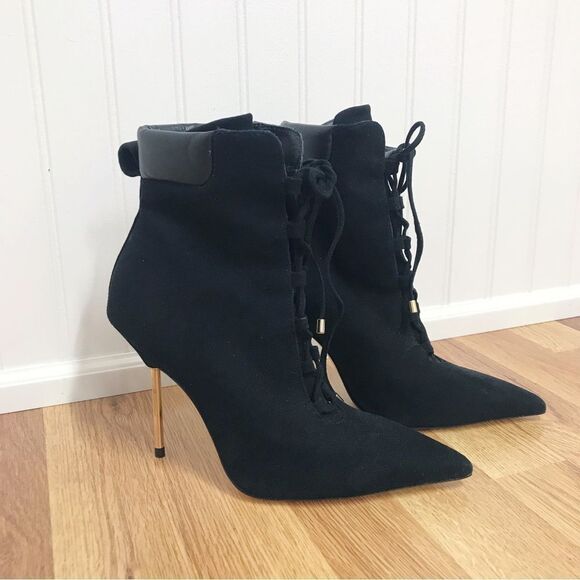 GOOD AMERICAN Black Suede Stiletto Lace Up Ankle Boot Bootie Hiking Size 5.5 New - Picture 2 of 11